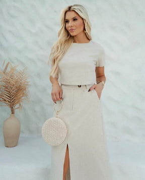 Conjunto de Linho – Saia Midi com Fenda e Cropped Elegante